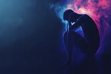 A seated figure surrounded by vibrant colors, symbolizing introspection, emotional depth, and the vivid complexity of thoughts in a surreal, contemplative atmosphere.