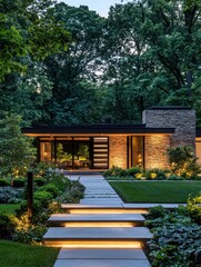 Fototapeta premium Symmetrical modern house exterior showcasing innovative design with sustainable materials for eco-friendly living.