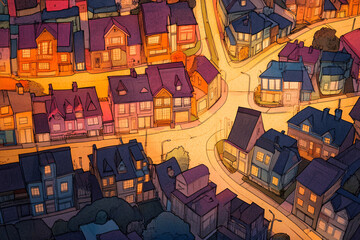 A colorful illustrated night view of a cozy neighborhood with warmly lit houses streets and trees seen from above creating a peaceful and inviting nighttime scene
