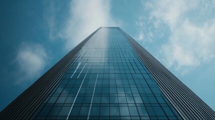 Fototapeta premium Skyscraper being built against a blue sky, showcasing modern architectural design and engineering. 