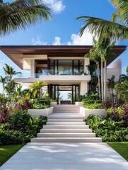 Fototapeta premium Symmetrical modern house exterior showcasing innovative design with sustainable materials for eco-friendly living.