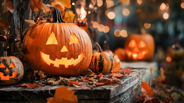 A carved pumpkin with a glowing face sits among autumn leaves and smaller pumpkins, suggesting a festive Halloween theme, perfect for seasonal decorations and celebrations.