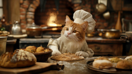Culinary cat wearing a chef's hat baking bread in a cozy kitchen