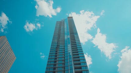 Naklejka premium Skyscraper being built against a blue sky, showcasing modern architectural design and engineering. 