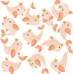 Set digital collage of whale princess with crown