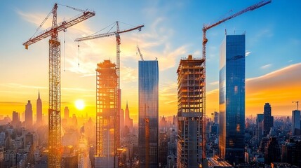 Skyscraper construction with a backdrop of city skyline, illustrating urban development projects.
