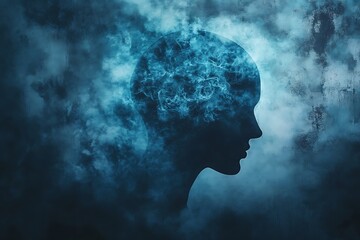 A silhouette with swirling blue clouds, symbolizing introspection, mystery, and the depth of thoughts in a surreal, dreamlike atmosphere.