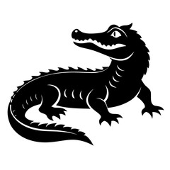 A black and white silhouette of a crocodile lying on the riverbank, with its long body stretched out and mouth slightly open