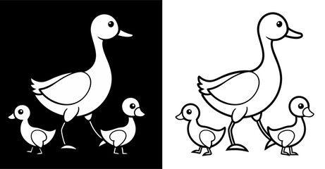 A black and white silhouette of a mother duck walking with her two ducklings, leading them in a straight line, exuding a sense of nurturing and care.