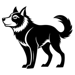 A black and white silhouette of a friendly dog with a wagging tail, playfully standing with an open posture, inviting interaction and exuding warmth.