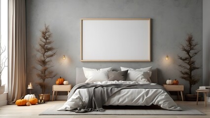 Modern minimalist wall art mockup of scandinavian bedroom for Halloween, blank frame for wall art mockup of bed room, Halloween and Christmas spooky scary vibes of the room interior design