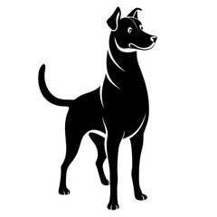A black and white silhouette of a dog standing tall, with its body upright, tail held high, and ears perked, exuding a confident and alert demeanor.