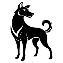 A black and white silhouette of a guard dog standing alert, with a strong stance, raised tail, and ears perked, ready to protect its territory.