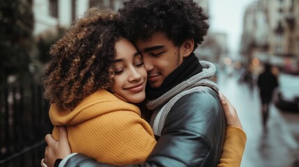 Obraz premium Two young people hugging each other while walking down the street