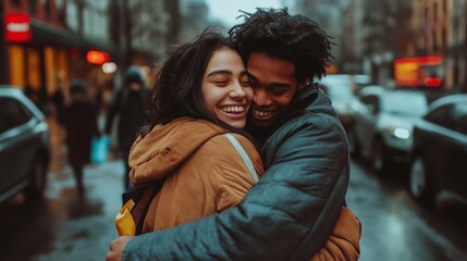 Fototapeta premium Two young people hugging each other while walking down the street