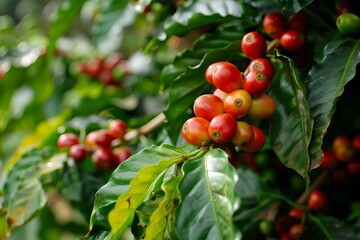 Fototapeta premium Coffee beans growing on a branch of a coffee plant at a coffee farm