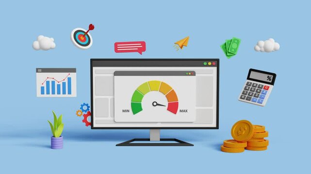 Risk management concept. High risk, high return, performance indicator, risky market investments. Maximum risk factor and invest strategy. 3D computer with maximum risk speedometer. 4K 3D animation