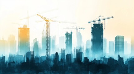 Obraz premium Skyscraper construction with a backdrop of city skyline, illustrating urban development projects.