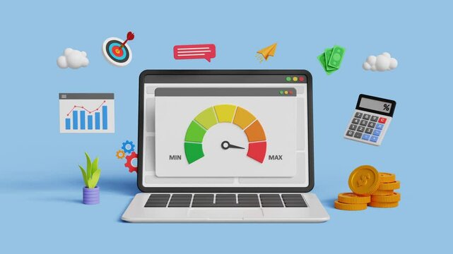 Risk management concept. High risk, high return, performance indicator, risky market investments. Maximum risk factor and invest strategy. 3D laptop with maximum risk speedometer. 4K 3D animation