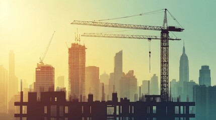 Skyscraper construction with a backdrop of city skyline, illustrating urban development projects.
