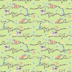 Tiny birds on tree branches with hearts watercolor seamless pattern isolated. Purples and green cute birdies on wavy vine with flowers, butterflies hand drawn on repeating texture for child textile.