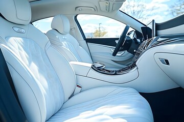 Luxurious Interior of a Modern Car with Elegant White Upholstery
