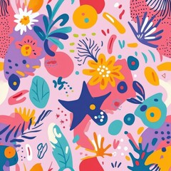 A colorful and abstract painting of flowers, leaves, and other natural elements