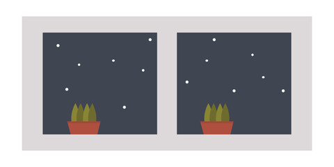 Fototapeta premium Vector illustration of a night window with potted plants and a starry sky, perfect for cozy home decor or winter-themed designs.