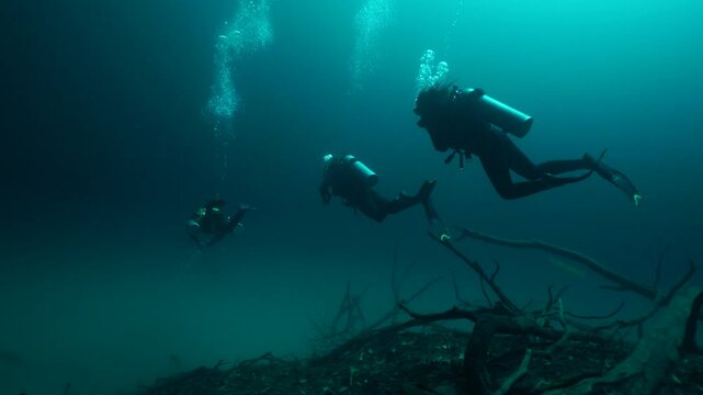 group of divers, diving cenote Angelita for the firs time