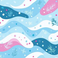 A blue and pink background with snowflakes and pine trees