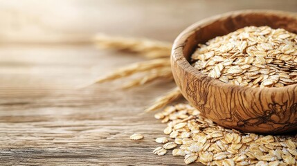 Oats in a wooden bowl on a rustic table, healthy food concept.
