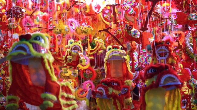 Decorated colorful lanterns hanging on a stand in the streets in Hang Ma street, Ha Noi city, Vietnam during Mid Autumn Festival.