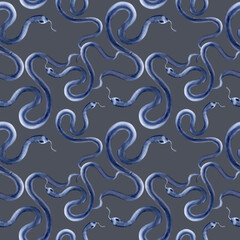 Seamless pattern of watercolor dark blue wavy snakes isolated on white. Animal mystical print of snake on monochrome repeated background hand drawn for gothic designs, textile, wallpapers.