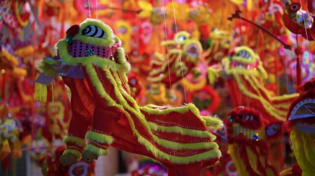 Decorated colorful lanterns hanging on a stand in the streets in Hang Ma street, Ha Noi city, Vietnam during Mid Autumn Festival.