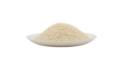 Plate of white uncooked rice isolated on background.
