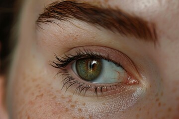 Fototapeta premium Young woman with freckles is looking away with green eye