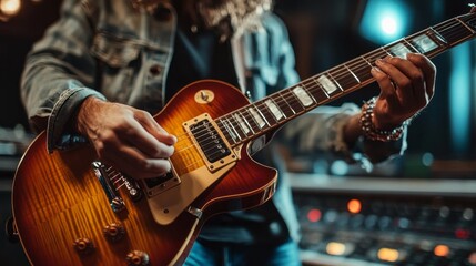 Obraz premium A man is playing a guitar with a yellow and brown finish