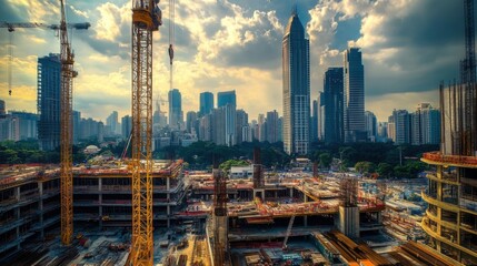 Construction site in a city with skyscrapers and cranes.