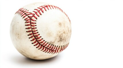 Classic baseball slightly tilted, red stitches creating a sharp contrast, isolated on white background