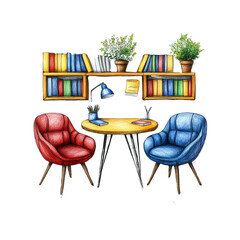 Fototapeta premium Cozy Reading Nook with Bookshelf and Two Armchairs