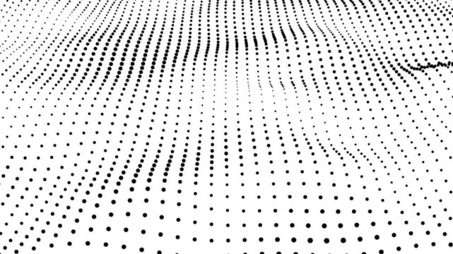 Big data visualization. Abstract white background with a dynamic black dot wave. Abstract seamless animation of mesh dots digital luxurious wave particles flows background.