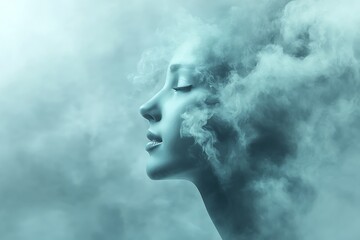 A serene female silhouette dissolving into soft clouds, symbolizing tranquility, peaceful thoughts, and the ethereal fusion of mind and nature in a surreal, dreamlike atmosphere.
