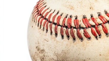 Detailed view of the stitching pattern on a baseball, isolated on white background