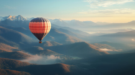 Hot Air balloons flying over Mountains landscape sunset vintage nature background.