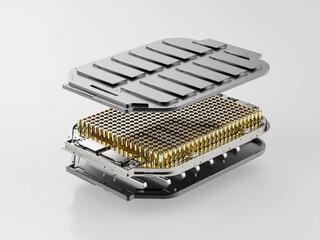 Cutaway ev battery with golden cylindrical cells