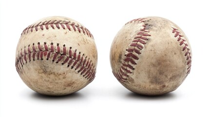 Set of two baseballs resting side by side, one new, one worn, isolated on white background