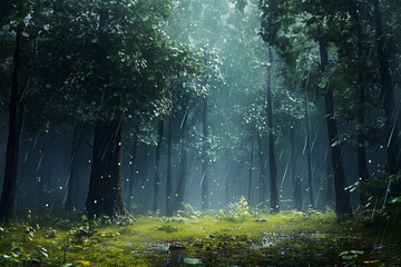 Obraz premium A dense forest scene with tall trees,