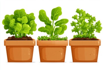 Fototapeta premium Realistic illustration of potted herbs and vegetables in terracotta pots symbolizing homegrown produce sustainable gardening and eco friendly living