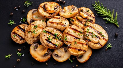 Grilled Mushrooms on Dark Background with Herbs and Spices Top View Commercial Photography