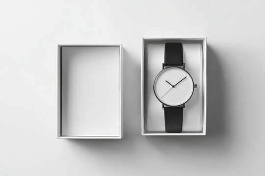Minimalist Wristwatch In Elegant Box Packaging Top View Mockup